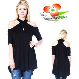 Black Gypsy Short Sleeve Halter Tunic Swing Top